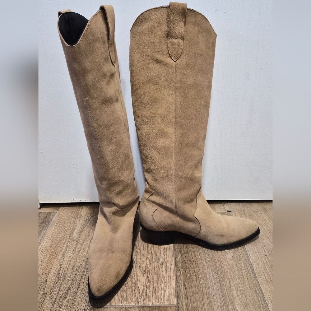 Anthropologie Knee High Beige Suede Western Boot Size 38 - Picture 2 of 10
